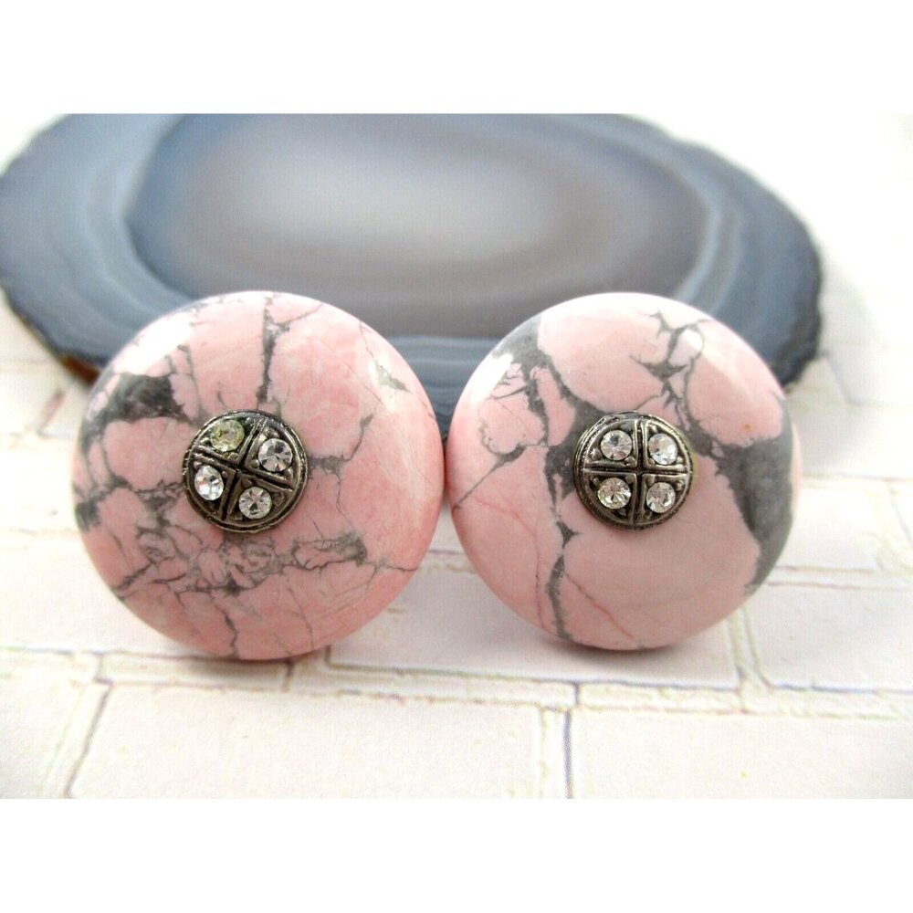 Vintage Pink Gray Marbled Round Stone Earrings pierced